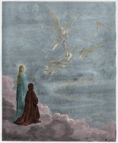 Paradiso, Gesang 18: Dante und Beatrice in die Sphäre des Jupiter versetzt, Illustration aus Die Göttliche Komödie von Dante Alighieri, 1885 (digital kolorierte Gravur) von Gustave after Dore